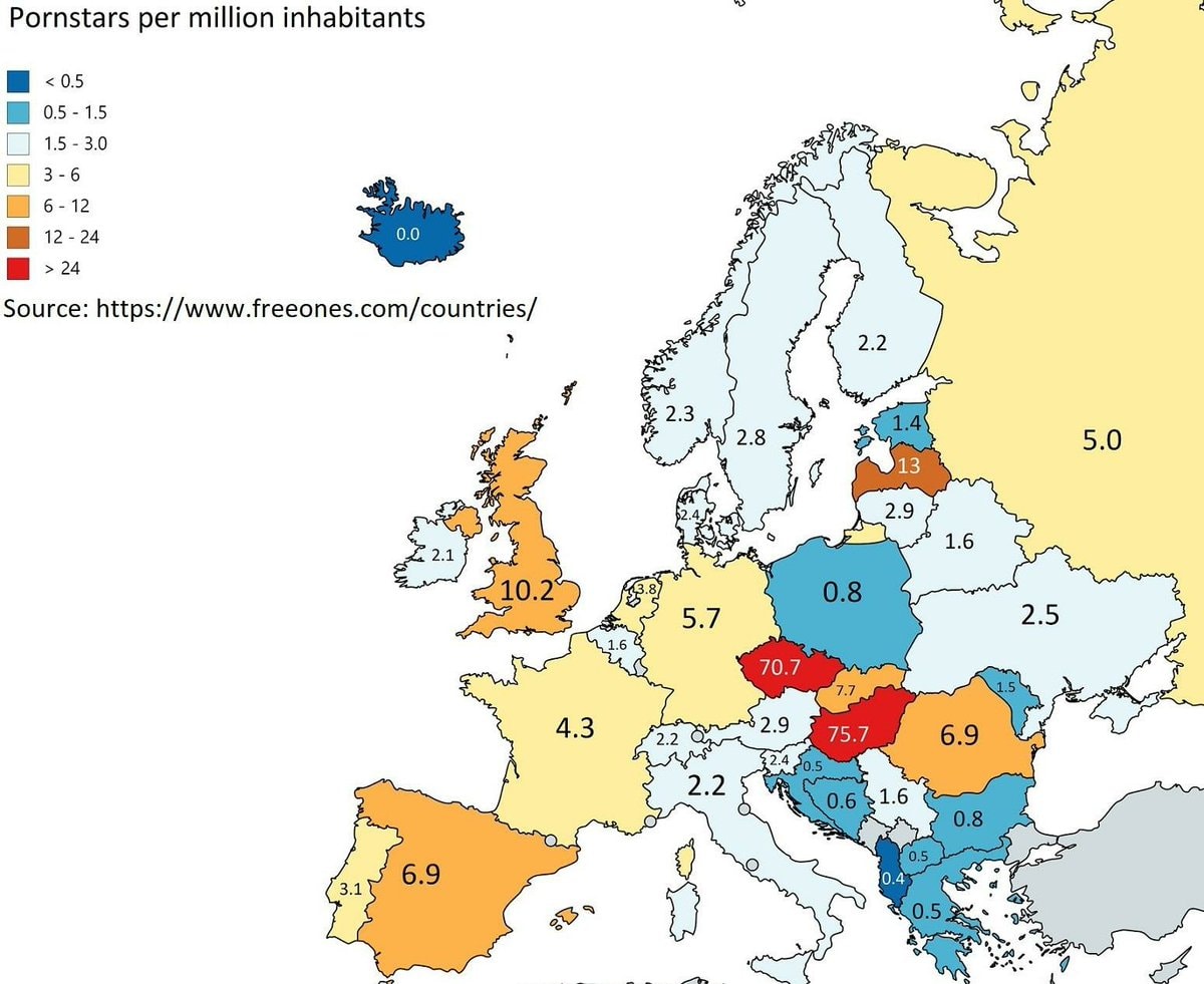 Pornstars per million Europe map