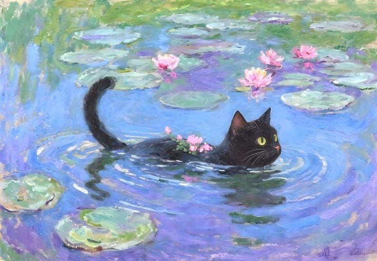 black cat swimming in pond painting black cat swimming in pond painting
