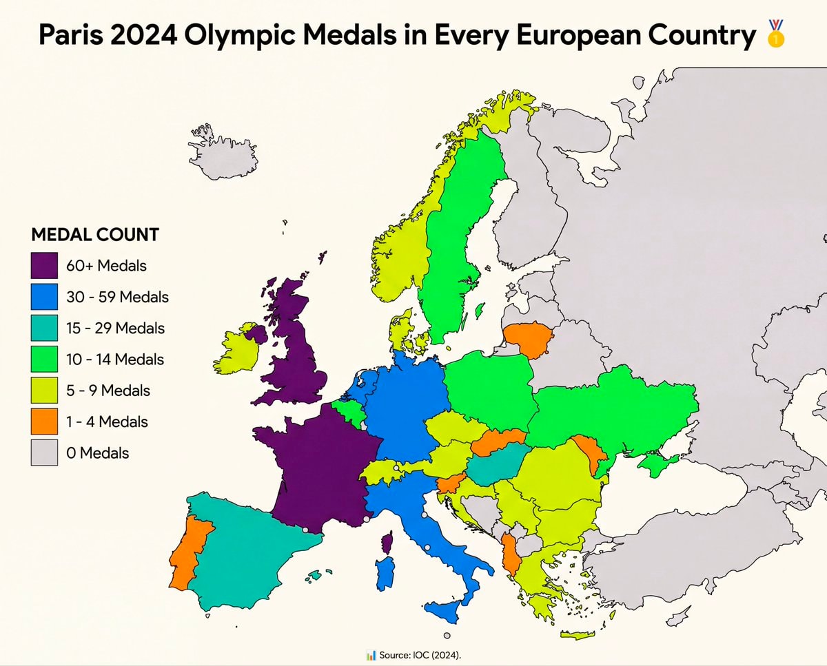 Paris 2024 Olympic medals by European country