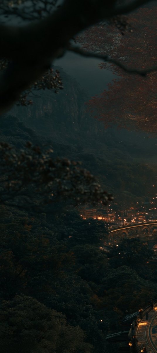 fantasy city in dark forested valley