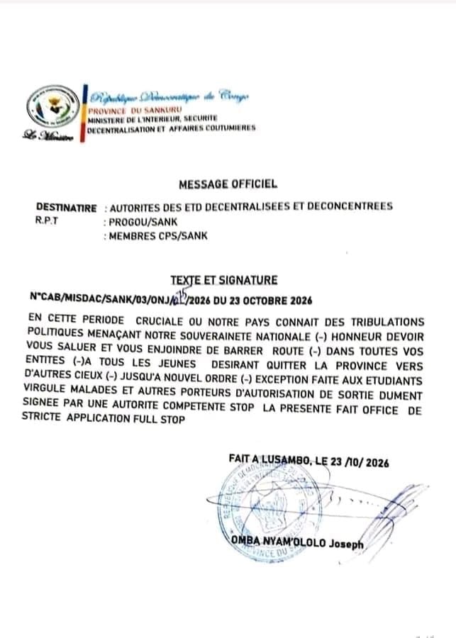 Sankuru youth travel ban
