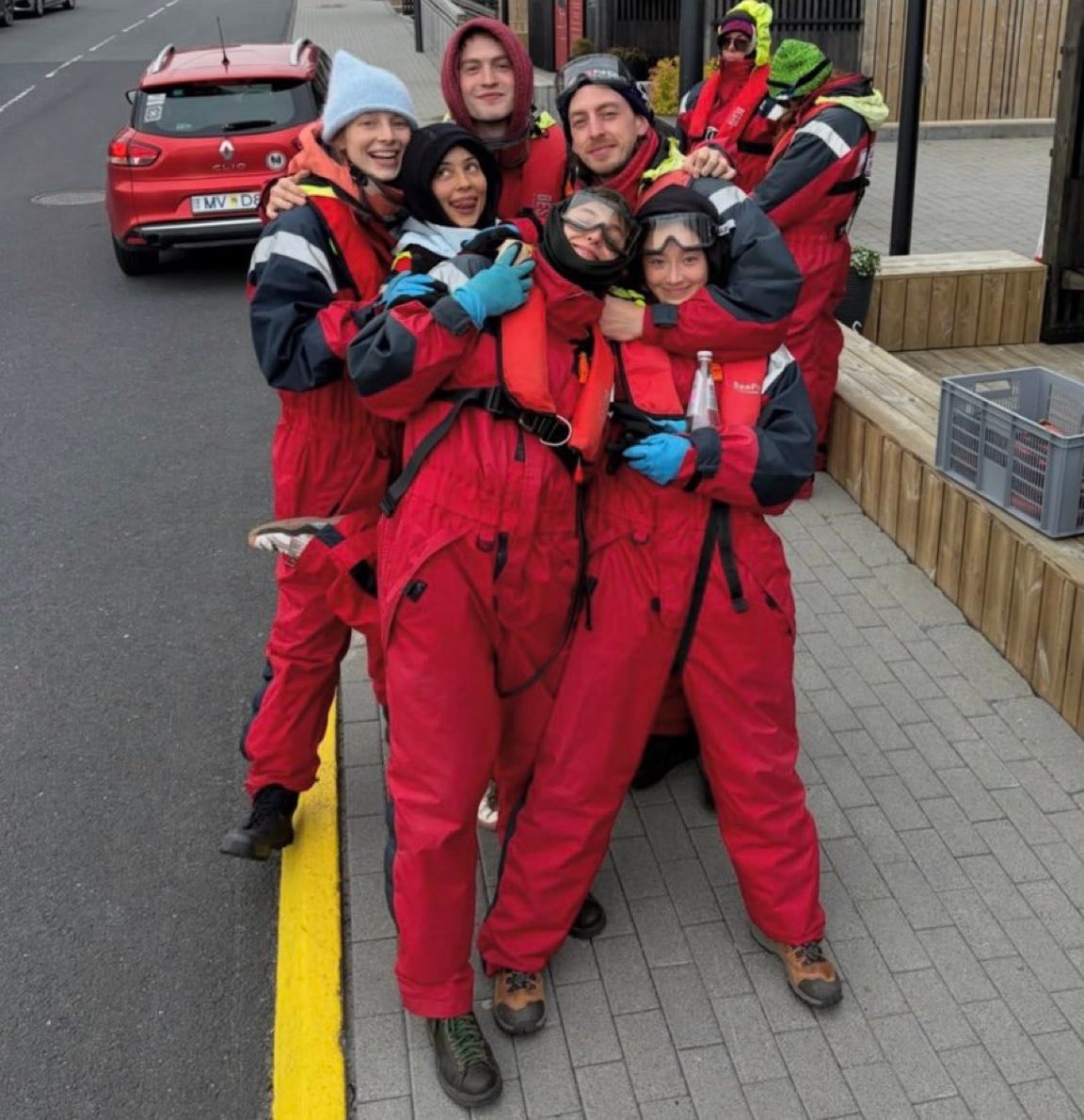 Kit Connor and Hunter Schafer red snowsuits