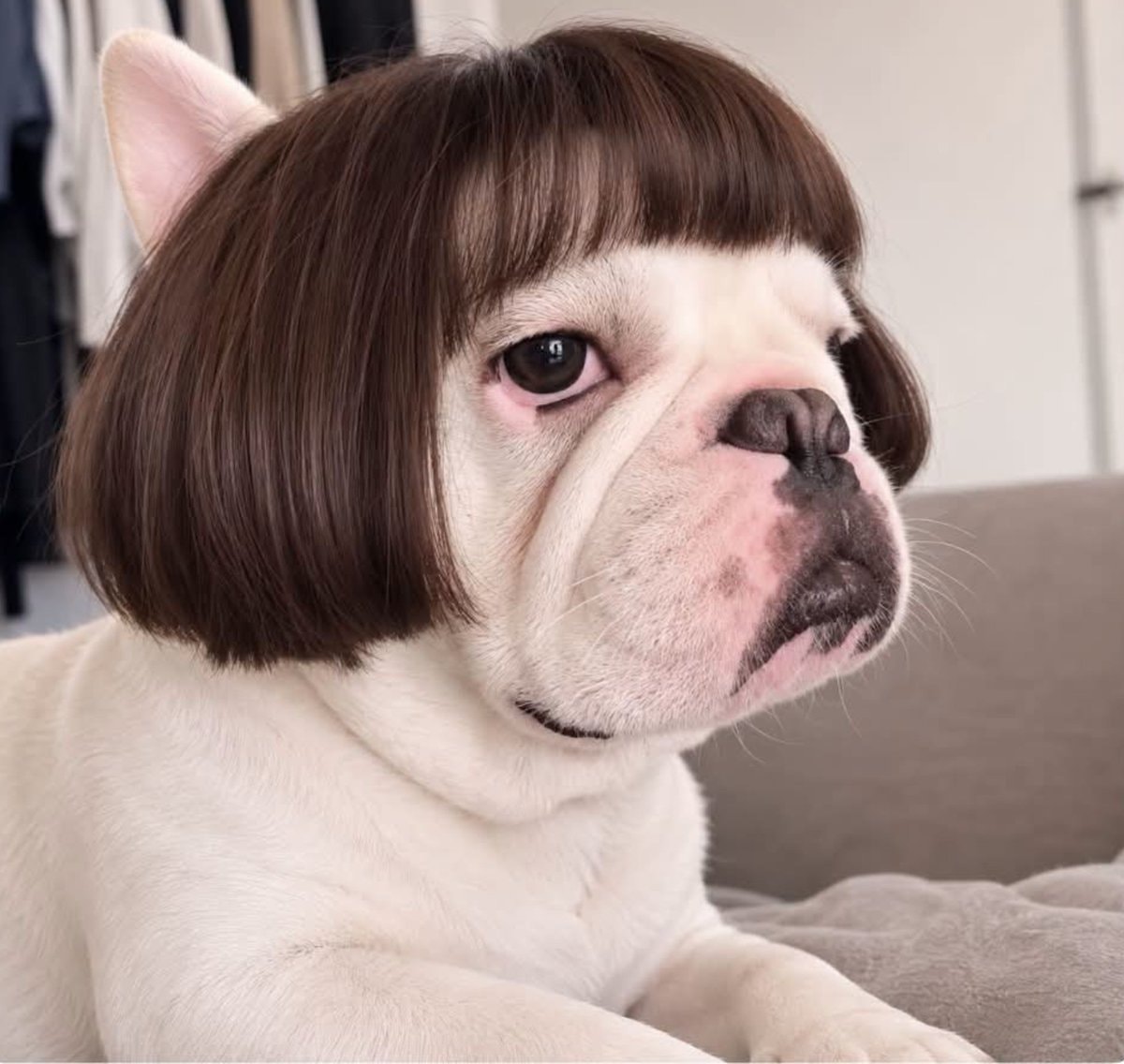 French bulldog in brown wig