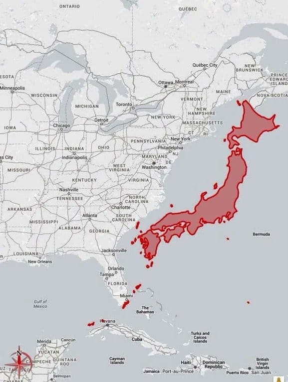 Japan vs US East Coast map