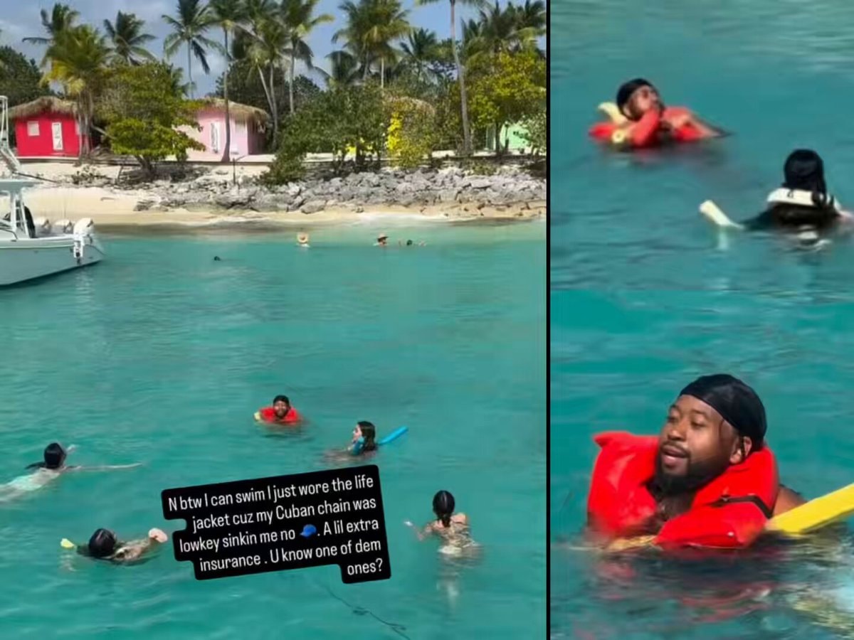 Akademiks swimming in DR with life jacket