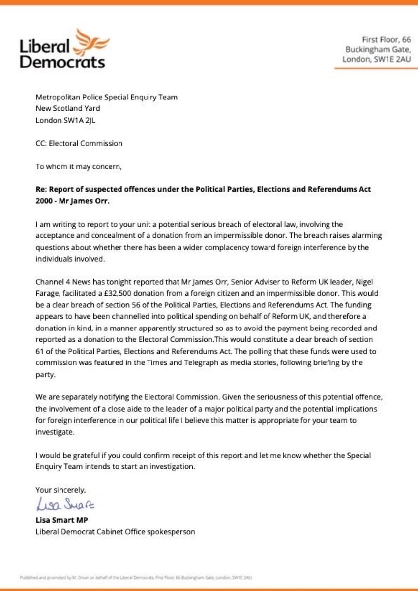 Lib Dems report Reform UK to police