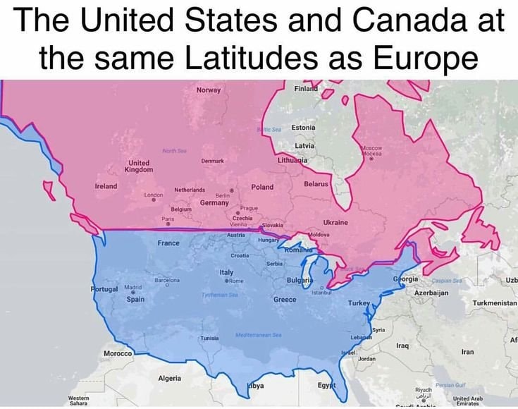 US and Canada latitude compared to Europe