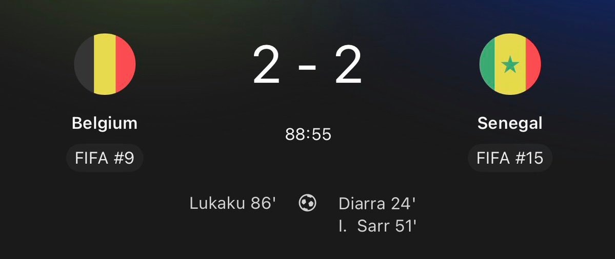 Belgium vs Senegal 2-2 Lukaku 86' Diarra Sarr