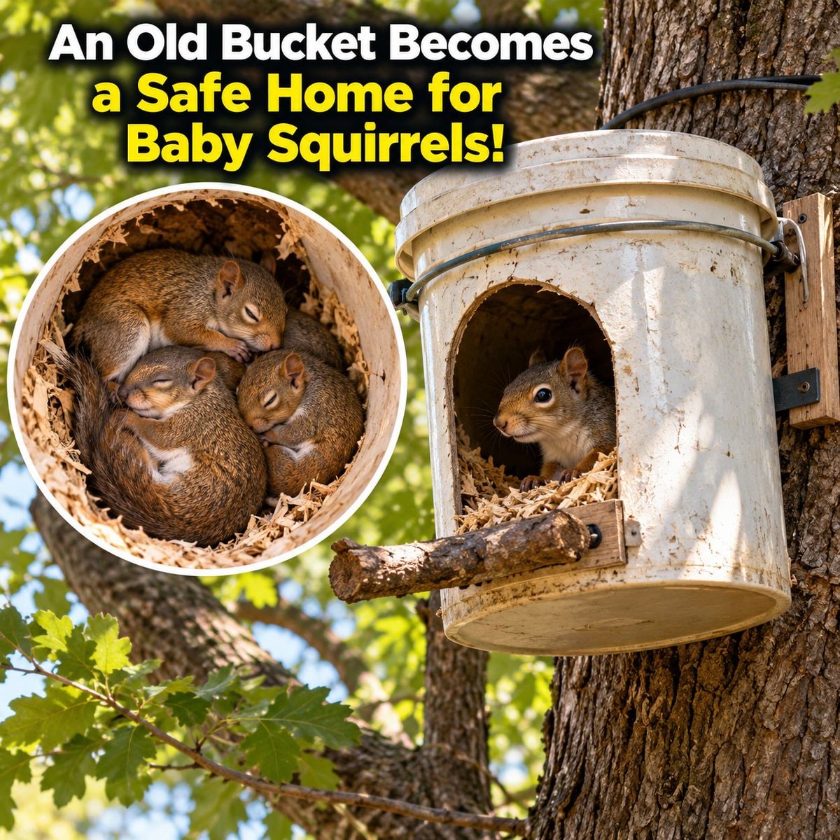 Old bucket becomes a home for baby squirrels