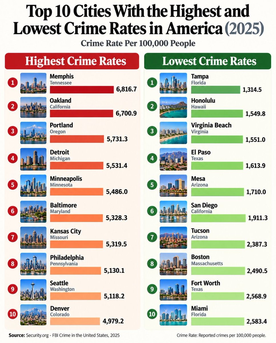 Top 10 US Cities Highest Lowest Crime Rates 2025