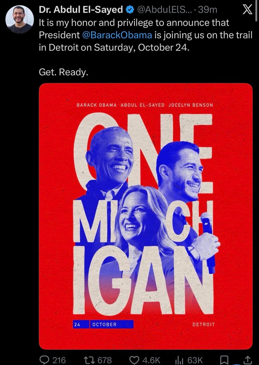 Obama joins El-Sayed and Benson for ONE MICH IGAN Obama joins El-Sayed and Benson for ONE MICH IGAN