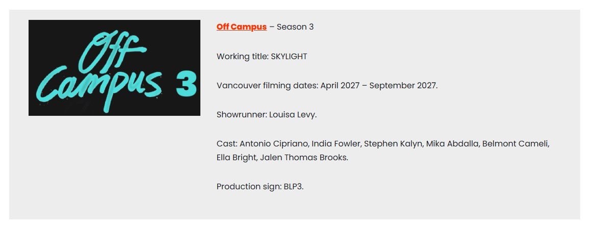 Off Campus season 3 filming dates