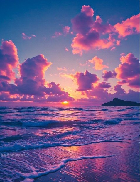 sunset beach waves pink purple