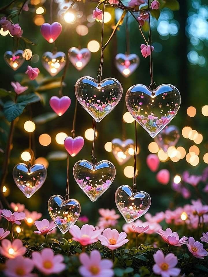 Pink heart ornaments and glowing lights