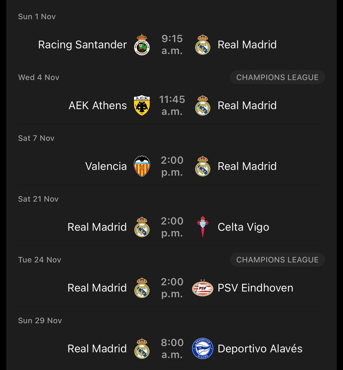 Real Madrid November matches