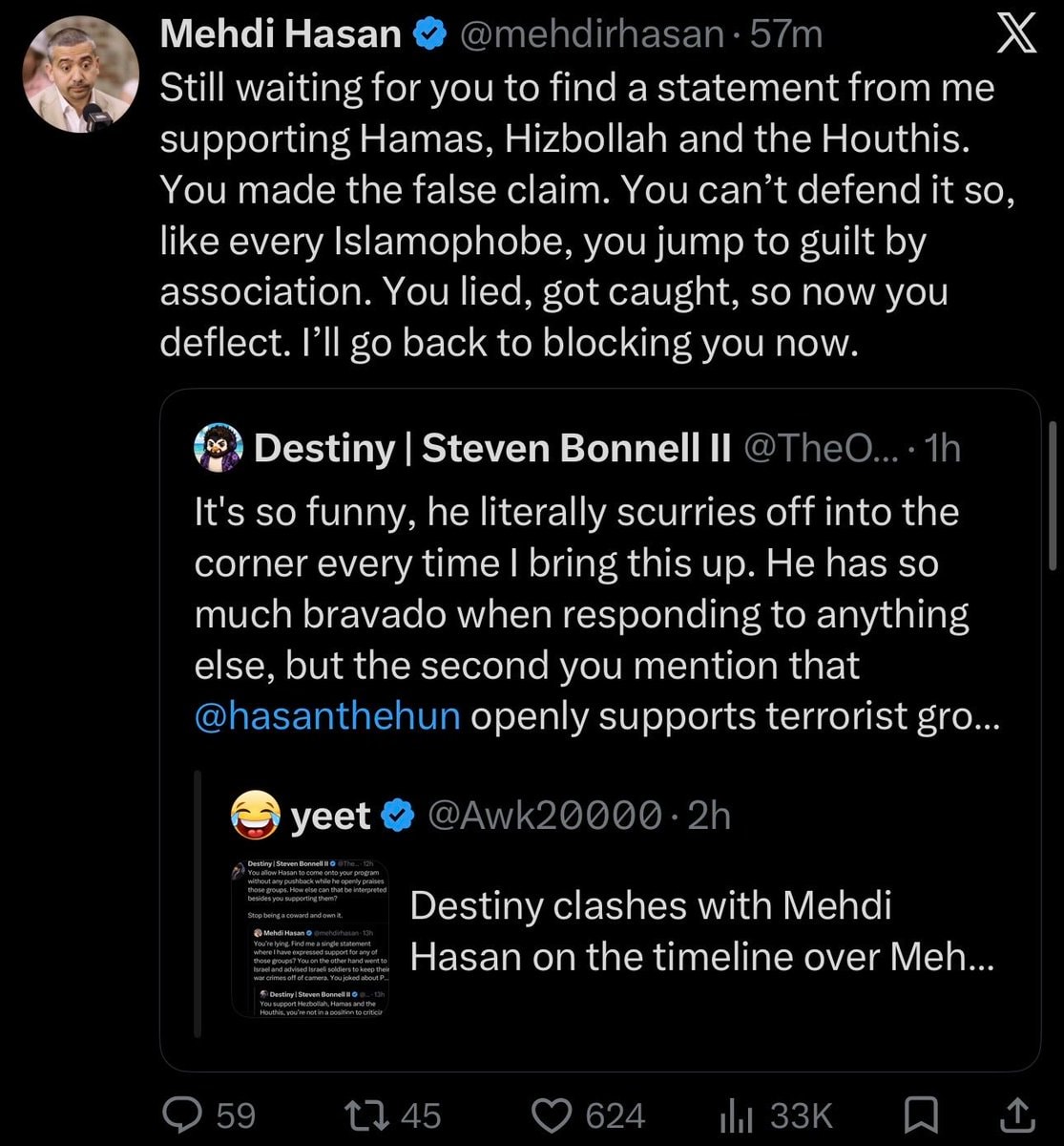 Mehdi Hasan blocks Destiny