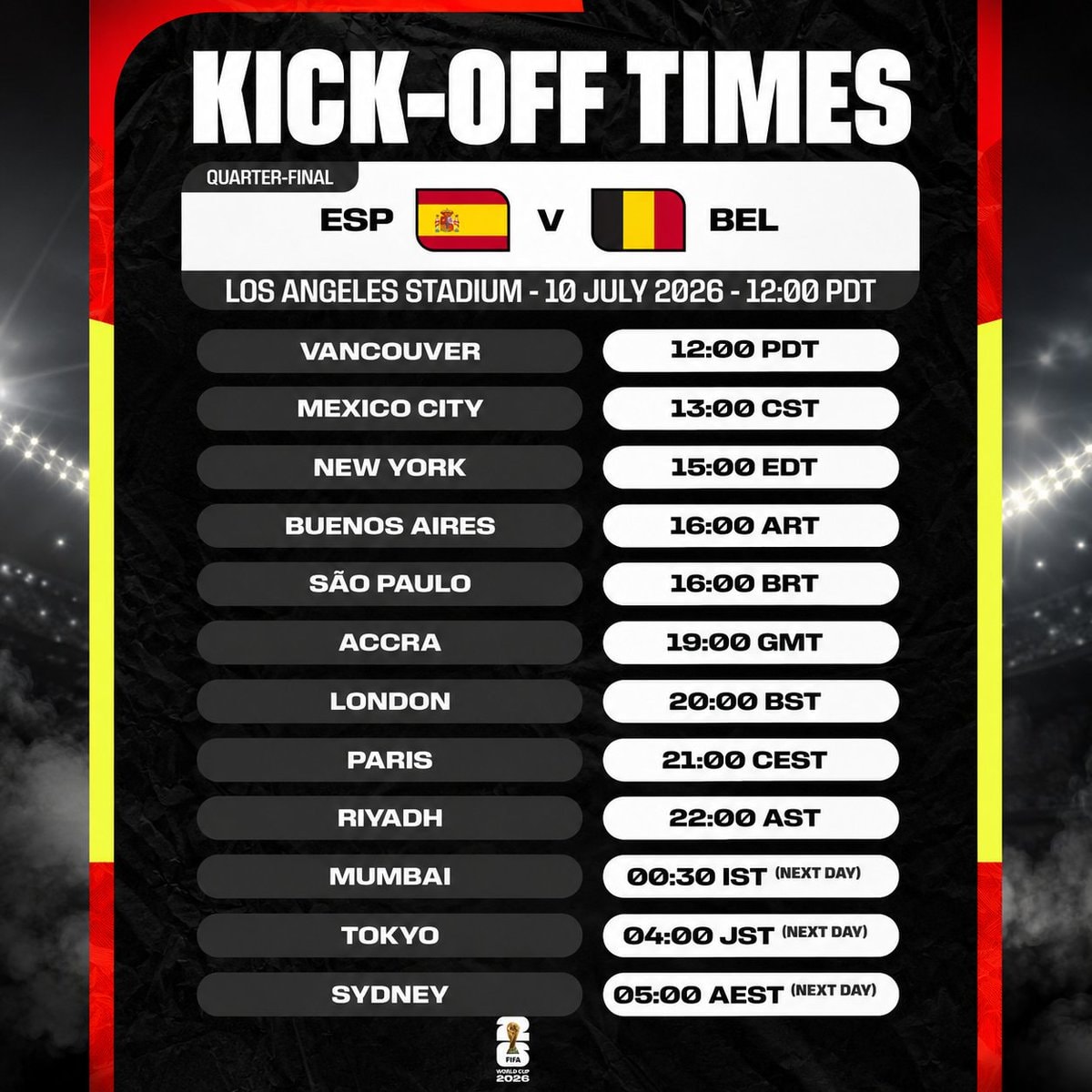 Spain vs Belgium quarterfinal kick-off times July 10 2026 Spain vs Belgium quarterfinal kick-off times July 10 2026