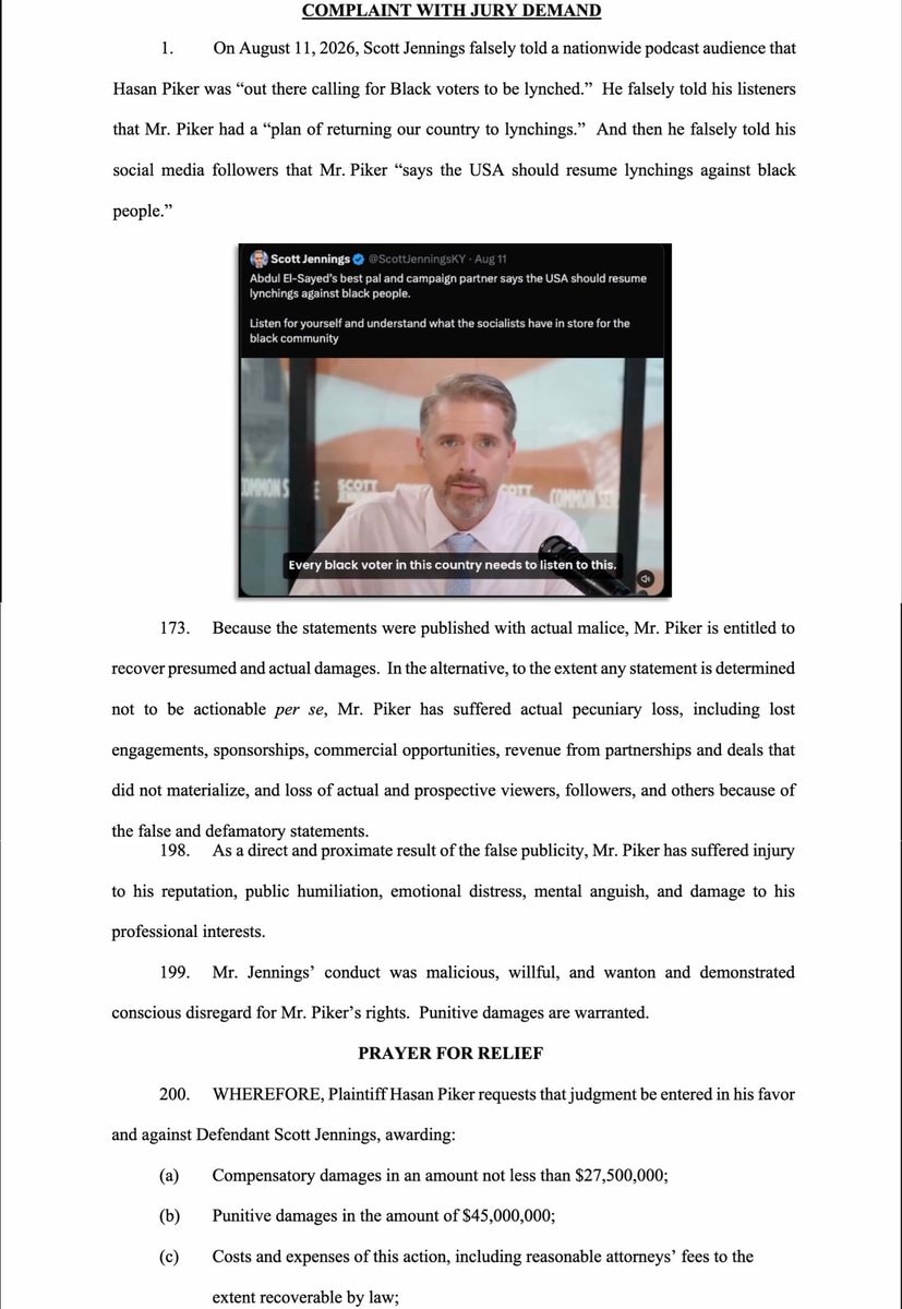 Hasan legal claims against Scott Jennings