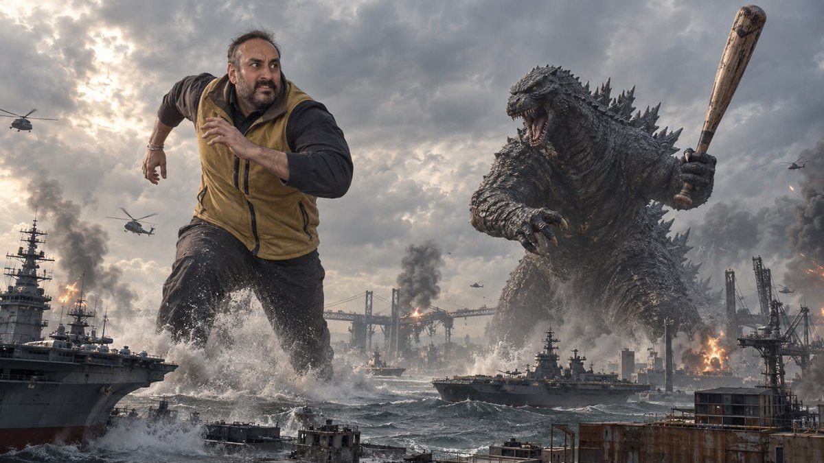 Godzilla and man in yellow vest