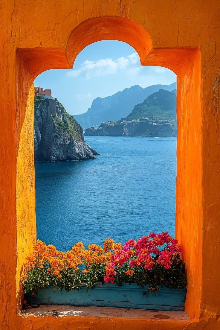 Mediterranean view through orange arch