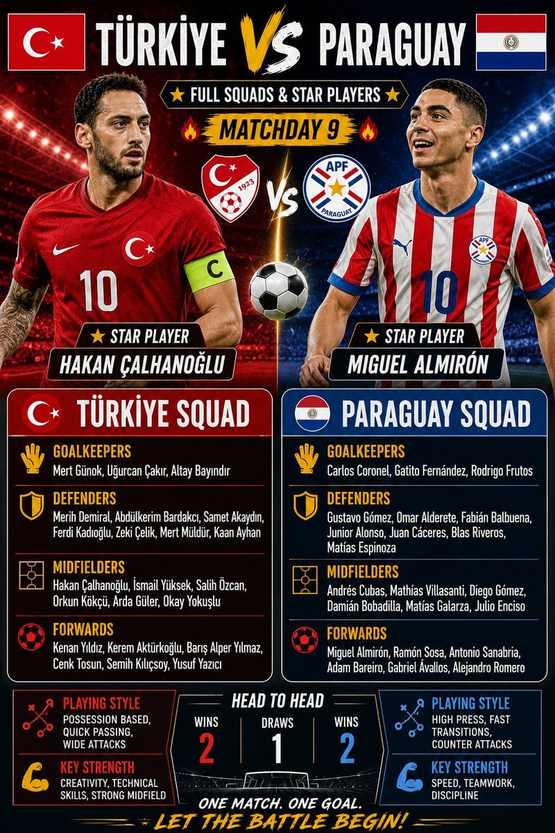 Türkiye vs Paraguay full squads