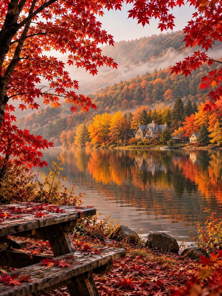 rustic autumn lake scene