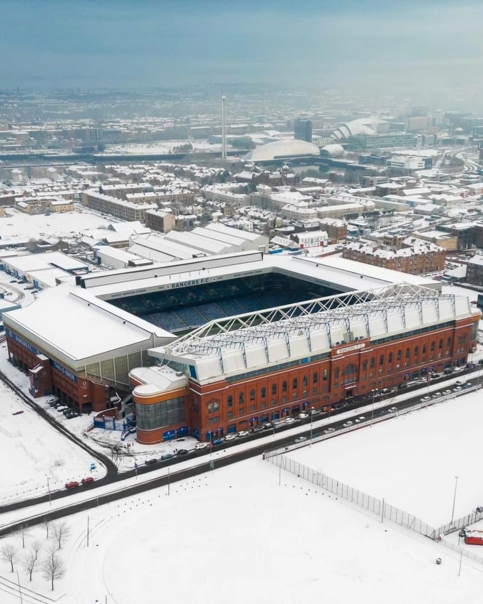 Ibrox Stadium snow aerial view
