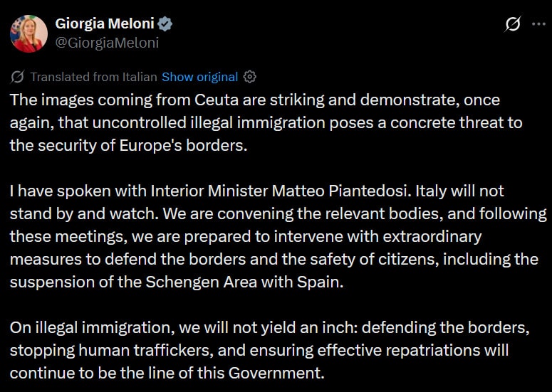 Giorgia Meloni Ceuta Schengen threat