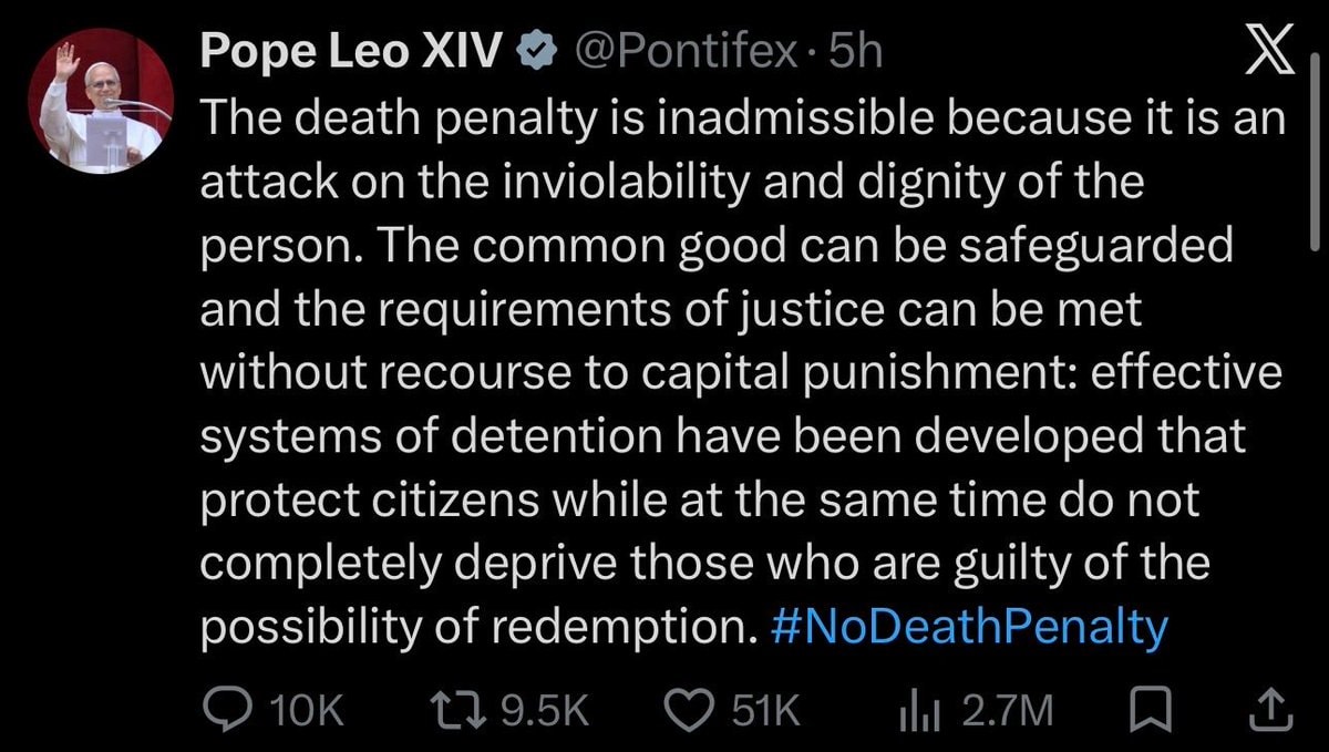 Pope Leo XIV condemns capital punishment
