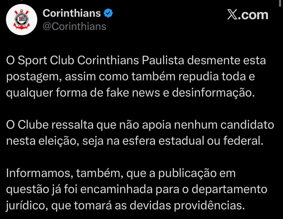 Corinthians denies supporting Flávio Bolsonaro 2026 (photo 2 of 2)