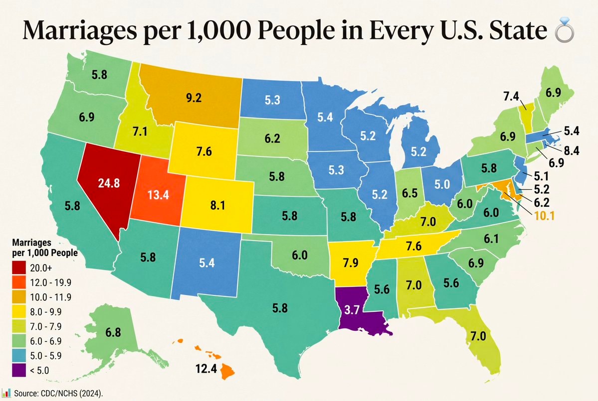 Marriages per 1,000 people by US state