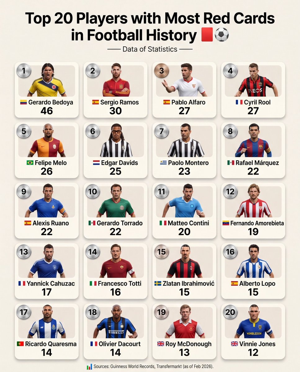 Top 20 Players with Most Red Cards in Football History