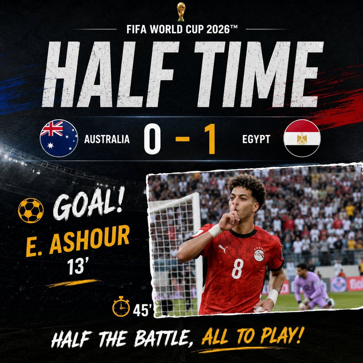 Egypt 1-0 Australia at halftime, Ashour goal Egypt 1-0 Australia at halftime, Ashour goal