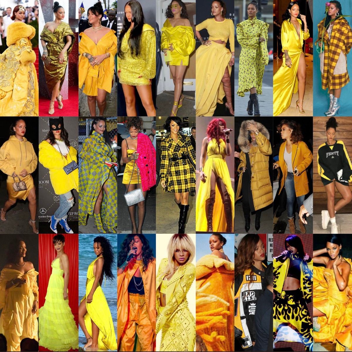Rihanna yellow outfits collage