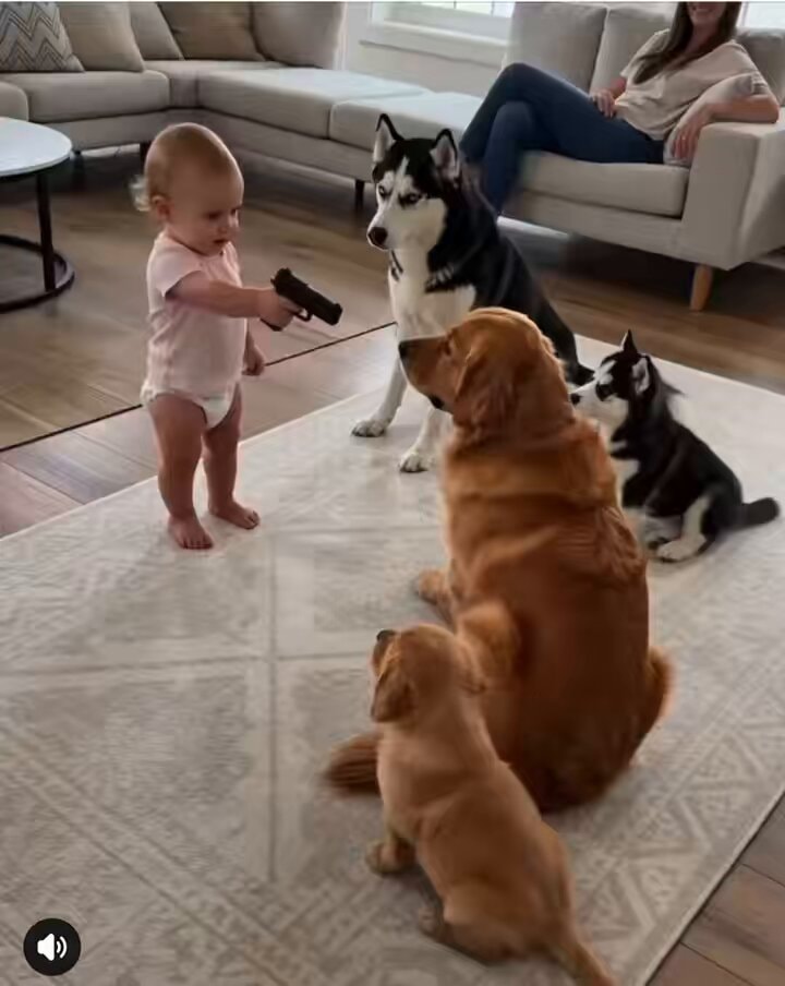 Baby with toy gun and dogs