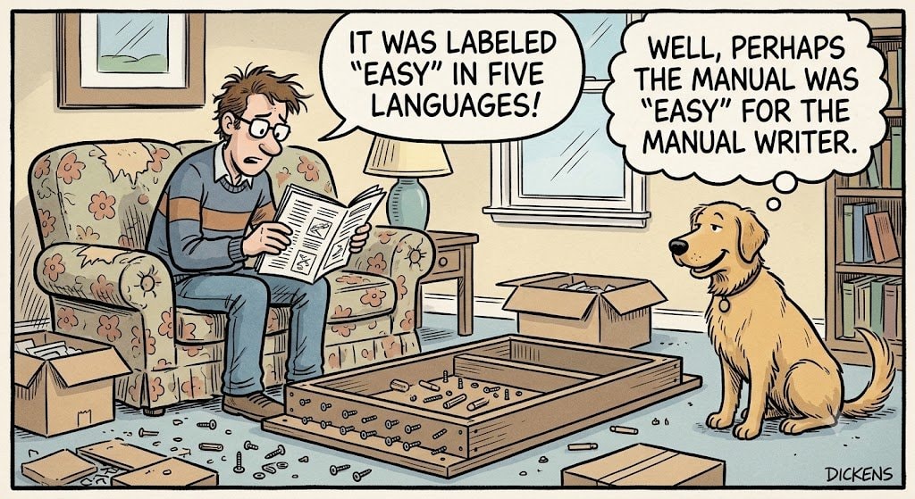 Flat-pack furniture struggle with smug dog Flat-pack furniture struggle with smug dog