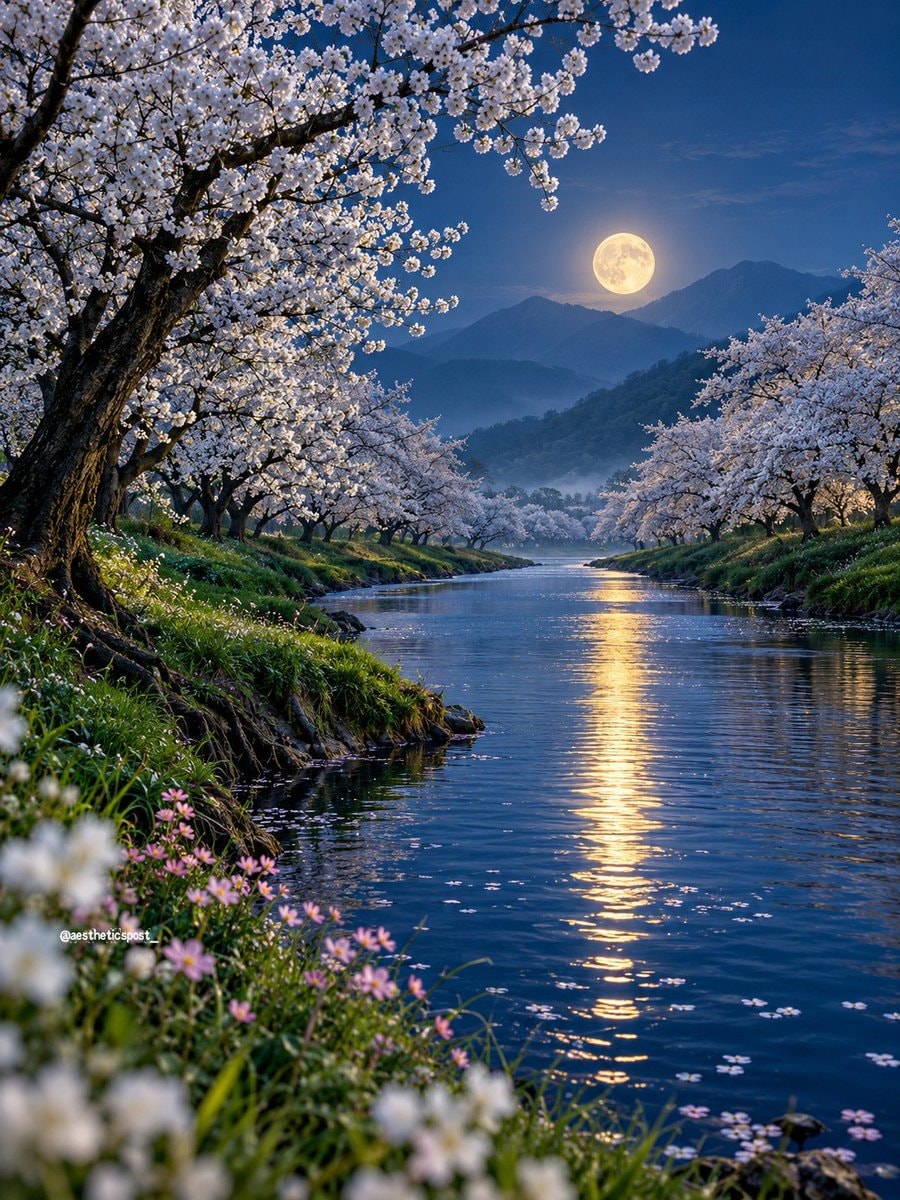 Cherry blossom river under full moon
