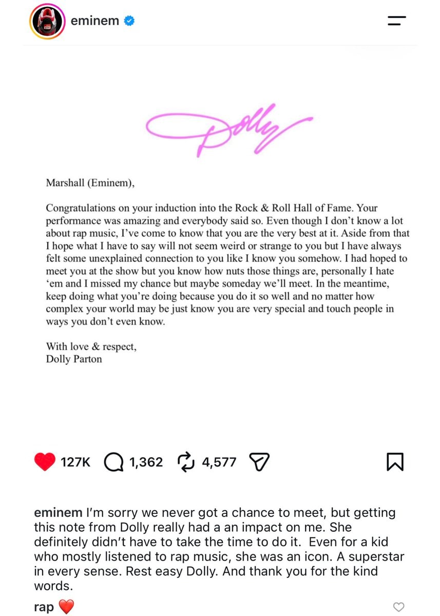Eminem shares Dolly Parton letter (photo 1 of 2)