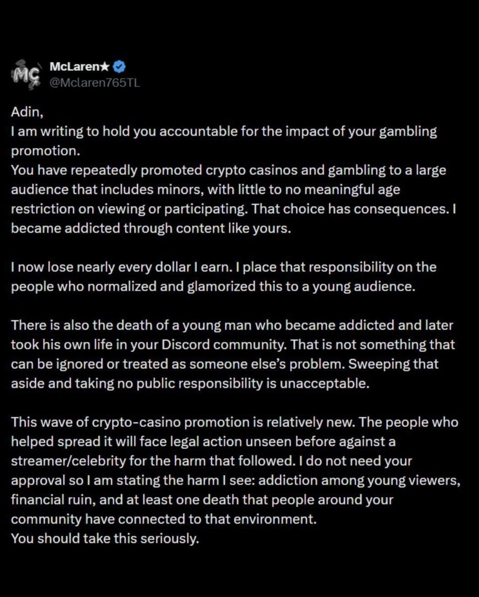 Adin Ross McLaren gambling backlash