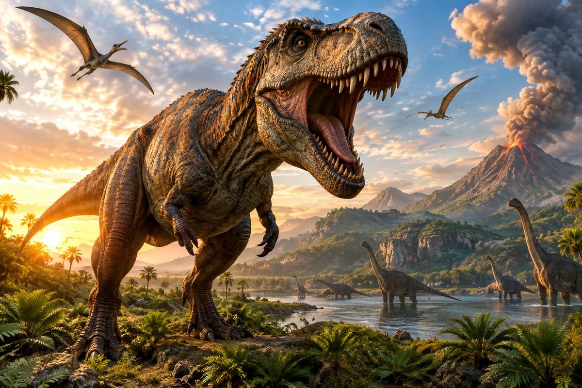 Tyrannosaurus Rex and pterodactyls prehistoric scene Tyrannosaurus Rex and pterodactyls prehistoric scene