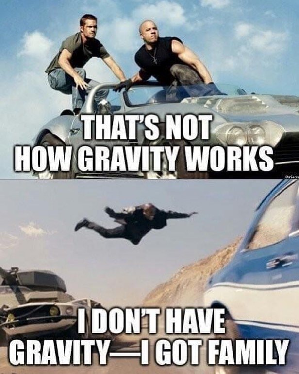 Fast & Furious gravity family meme