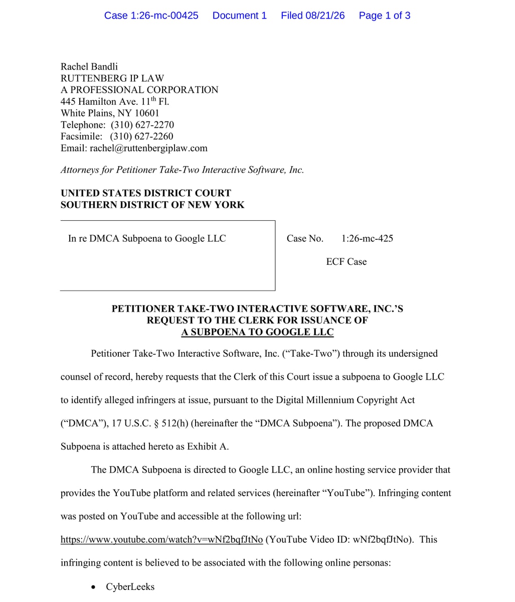 Take-Two DMCA petition GTA VI (photo 2 of 2)