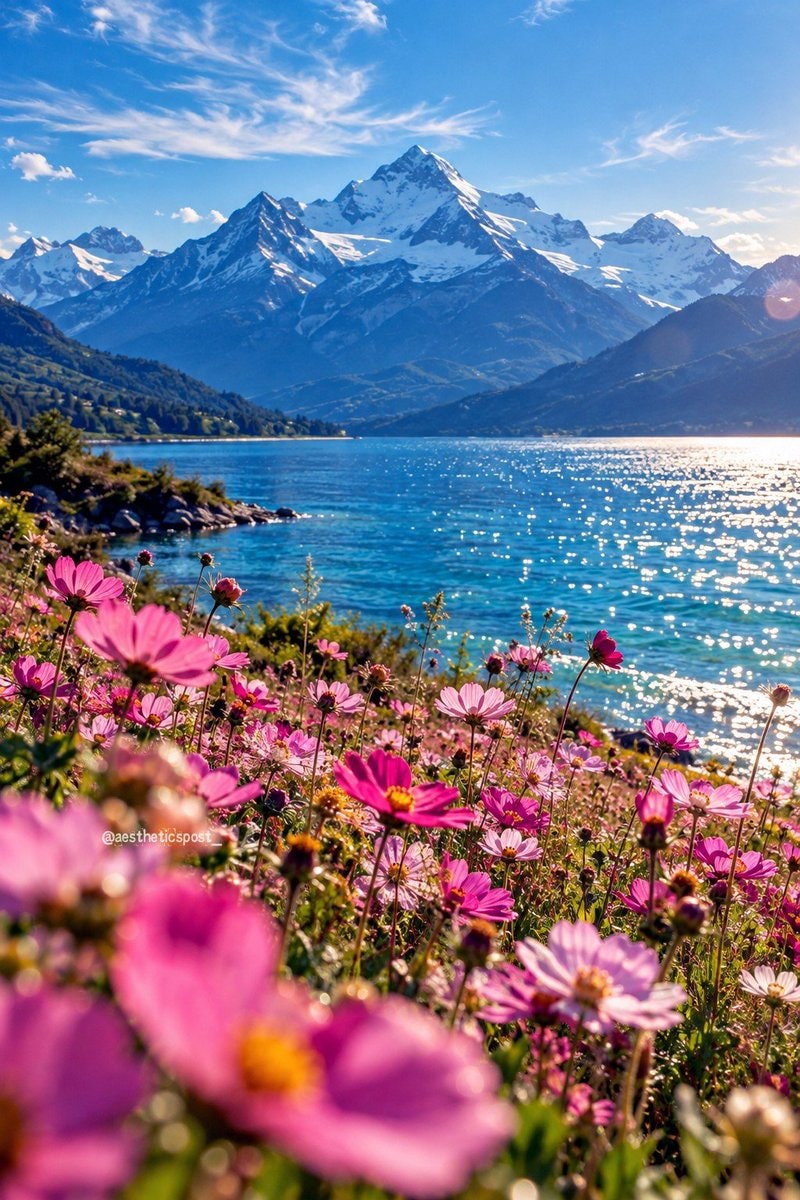 pink purple flowers and blue lake pink purple flowers and blue lake