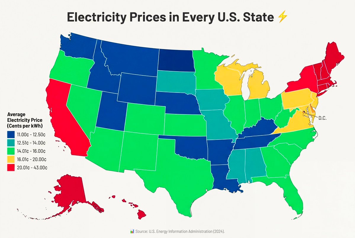 US electricity prices ranked by state