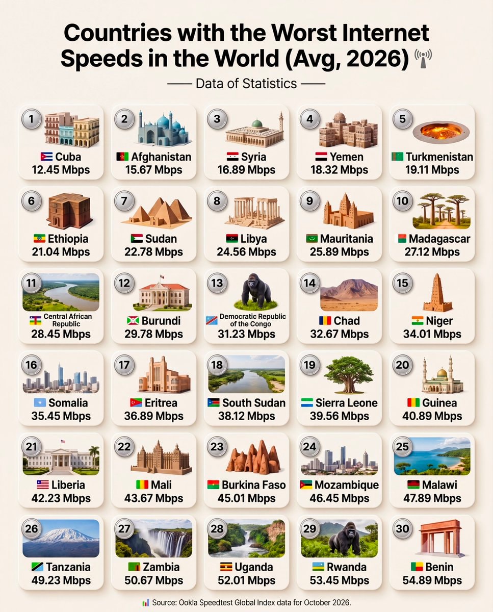 Slowest Internet Speeds by Country 2026