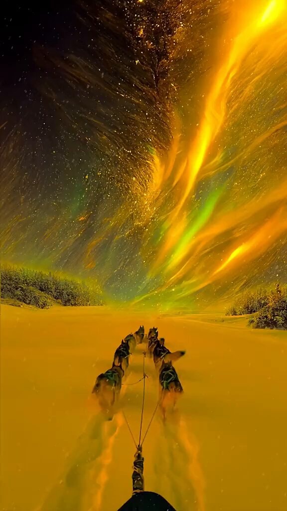 dog sled team under aurora borealis