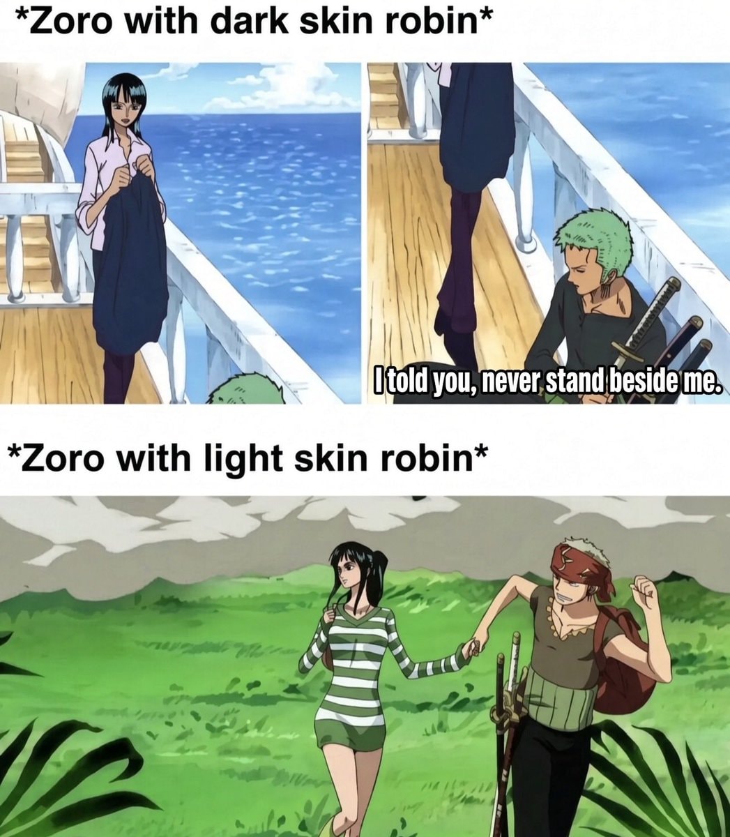 One Piece Robin Zoro skin tone meme