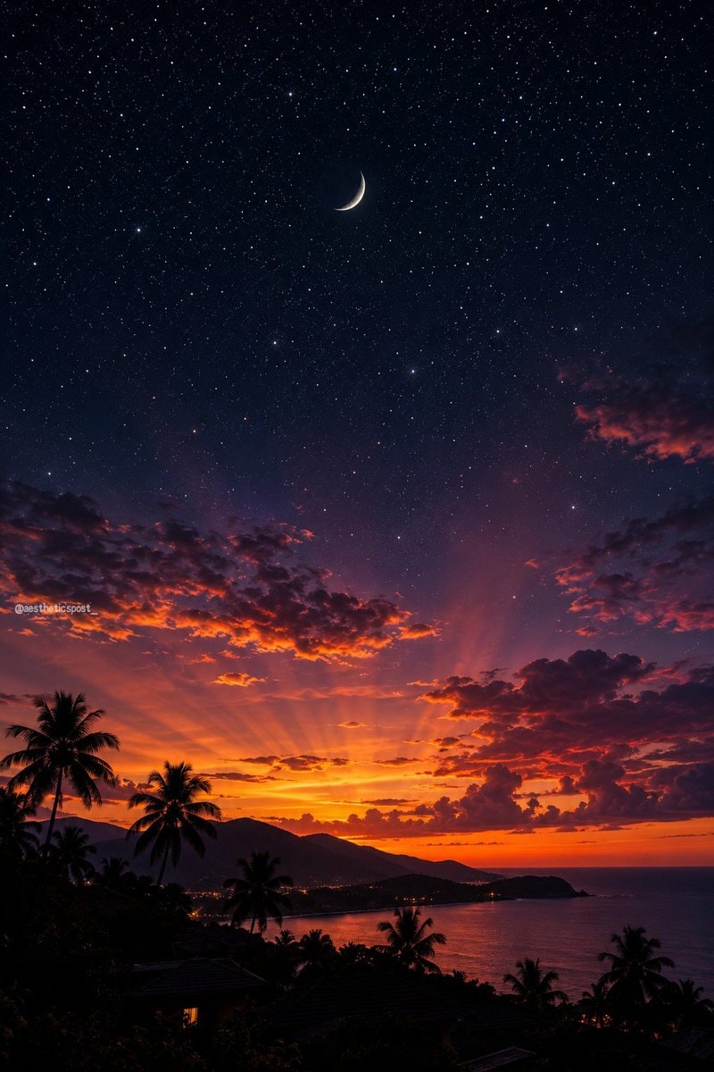 tropical sunset with moon and stars