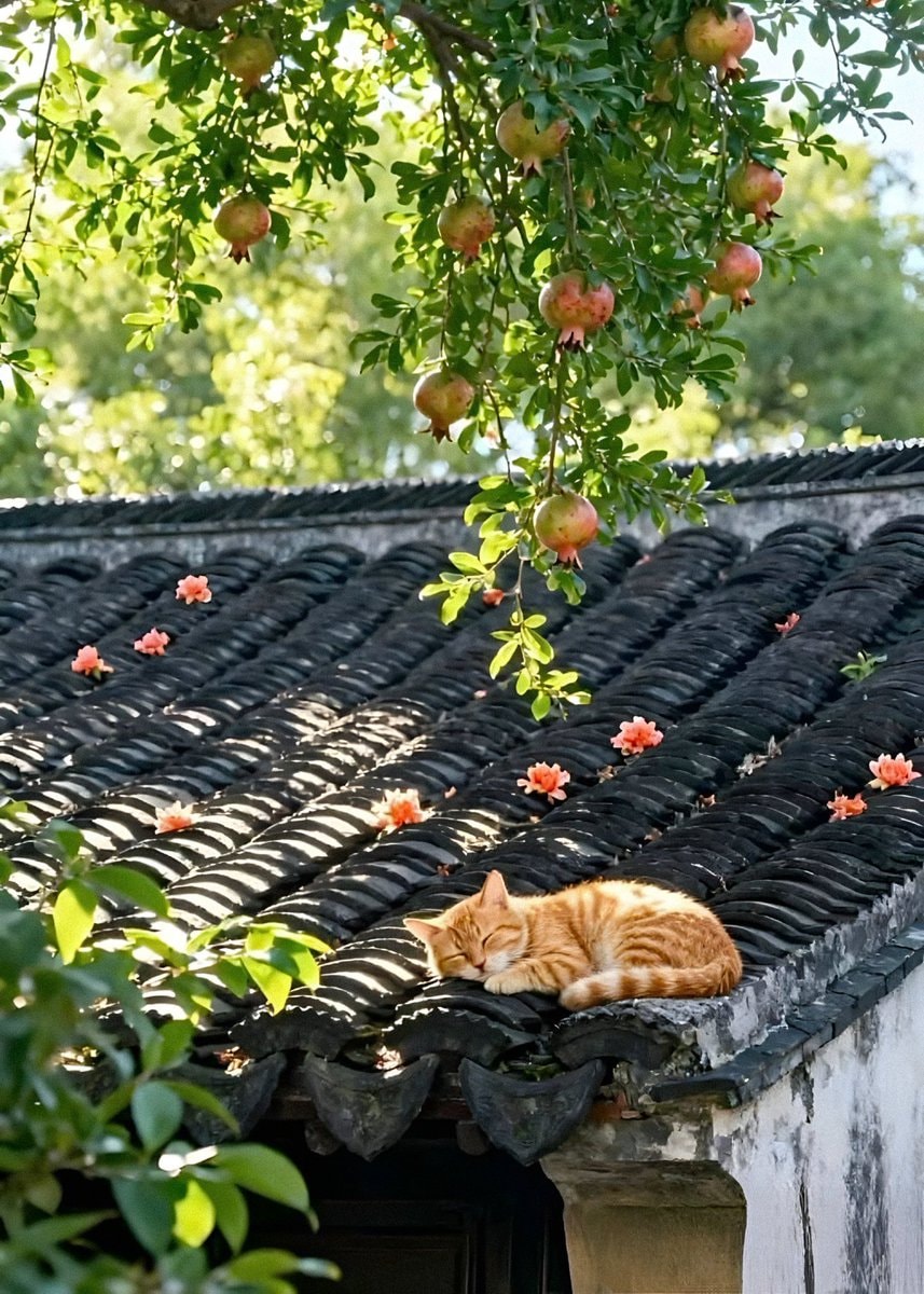 Cat sleeping on tiled roof with pomegranates