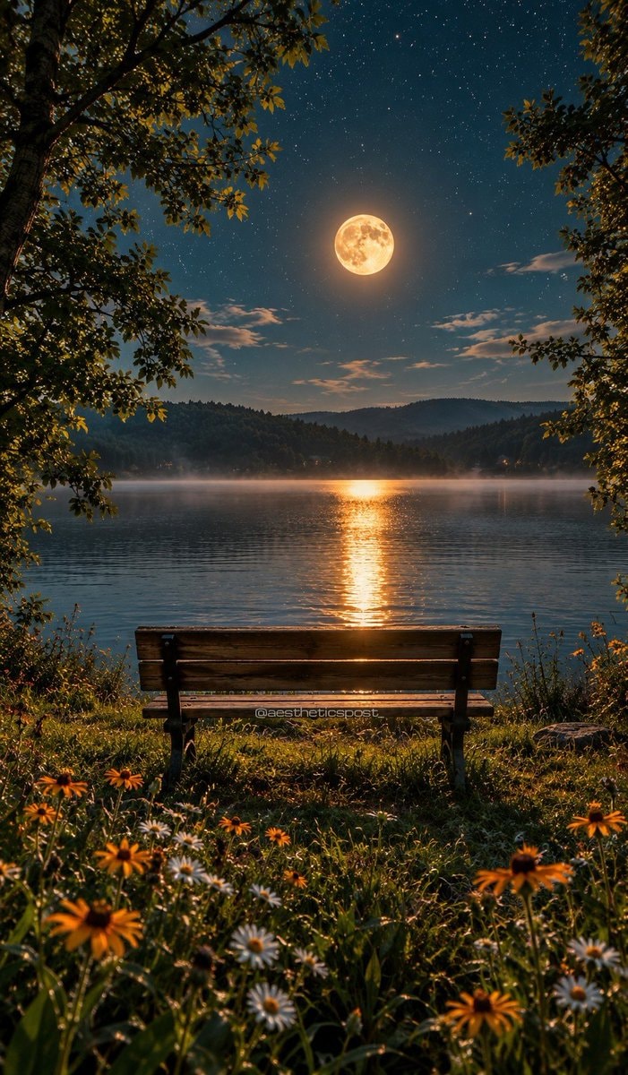moonlit lake with wooden bench